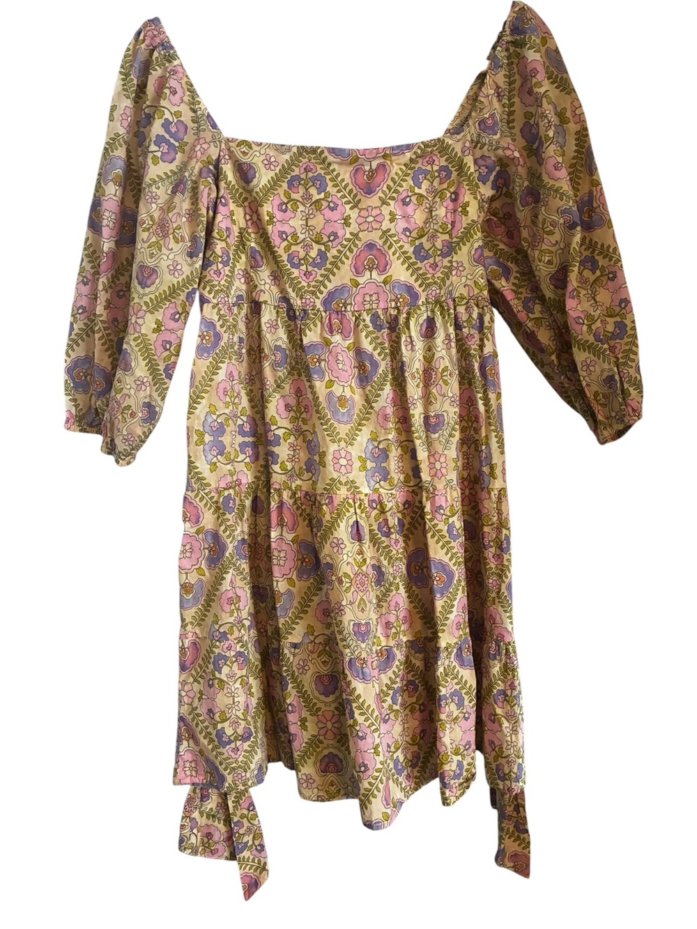 Olivaceous Pink and Gold Paisley-Print Smocked Midi Dress